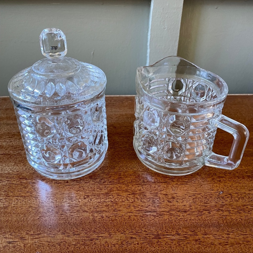 Farm House Vintage Lidded Sugar Bowl Lid & Creamer Serving Set Pressed Glass